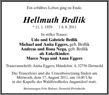 Anzeige  Hellmuth Brdlik  Lippische Landes-Zeitung