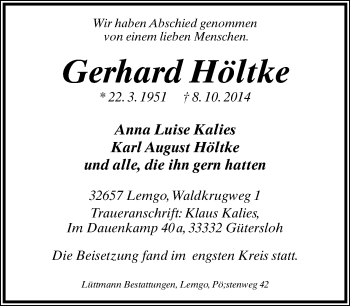 Anzeige  Gerhard Höltke  Lippische Landes-Zeitung