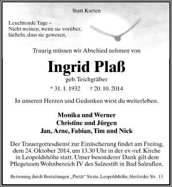 Anzeige  Ingrid Plaß  Lippische Landes-Zeitung