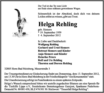 Anzeige  Helga Rehling  Lippische Landes-Zeitung