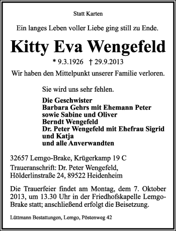 Anzeige  Kitty Eva Wengefeld  Lippische Landes-Zeitung