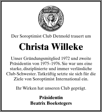 Anzeige  Christa Willeke  Lippische Landes-Zeitung