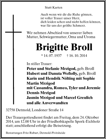 Anzeige  Brigitte Broll  Lippische Landes-Zeitung