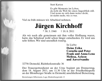 Anzeige  Jürgen Kirchhoff  Lippische Landes-Zeitung