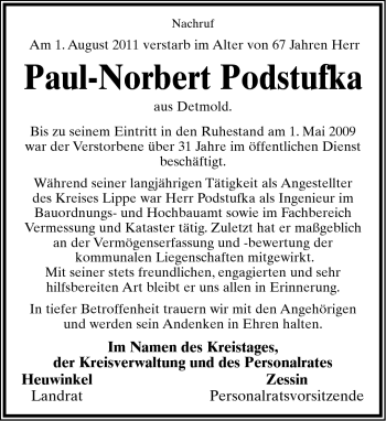 Anzeige  Paul-Norbert Podstufka  Lippische Landes-Zeitung