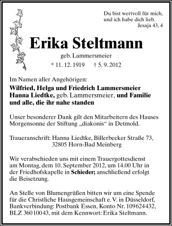 Anzeige  Erika Steltmann  Lippische Landes-Zeitung