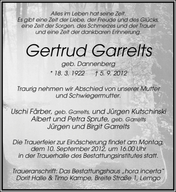 Anzeige  Gertrud Garrelts  Lippische Landes-Zeitung