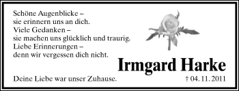 Anzeige  Irmgard Harke  Lippische Landes-Zeitung