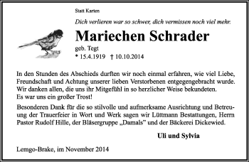 Anzeige  Marie Schrader  Lippische Landes-Zeitung