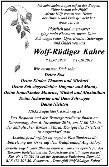 Anzeige  Wolf-Rüdiger Kahre  Lippische Landes-Zeitung