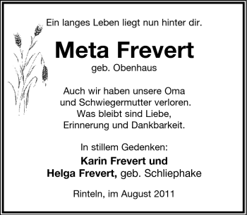 Anzeige  Meta Frevert  Lippische Landes-Zeitung
