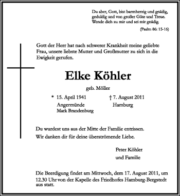 Anzeige  Elke Köhler  Lippische Landes-Zeitung