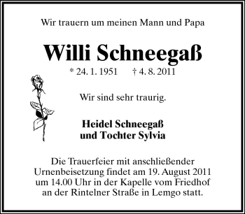 Anzeige  Willi Schneegaß  Lippische Landes-Zeitung