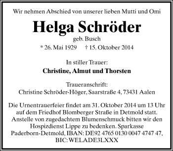 Anzeige  Helga Schröder  Lippische Landes-Zeitung