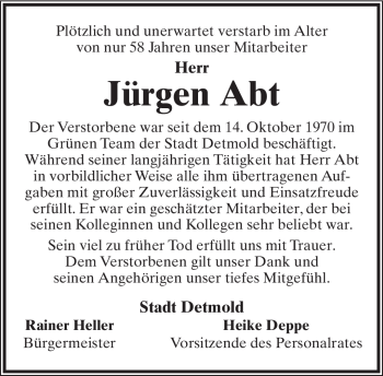 Anzeige  Jürgen Abt  Lippische Landes-Zeitung