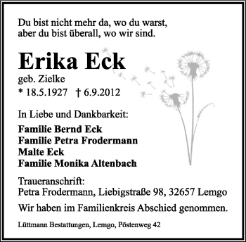 Anzeige  Erika Eck  Lippische Landes-Zeitung