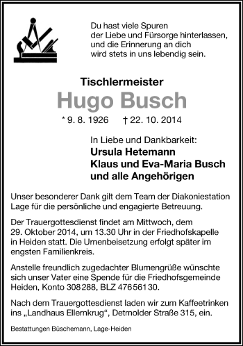 Anzeige  Hugo Busch  Lippische Landes-Zeitung