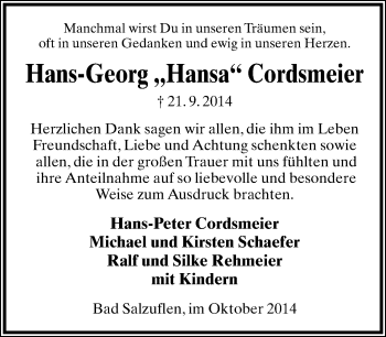 Anzeige  Hans-Georg Cordsmeier  Lippische Landes-Zeitung