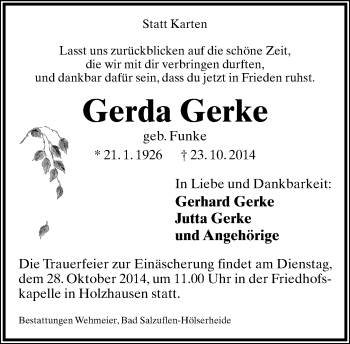 Anzeige  Gerda Gerke  Lippische Landes-Zeitung