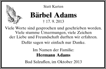 Anzeige  Bärbel Adams  Lippische Landes-Zeitung