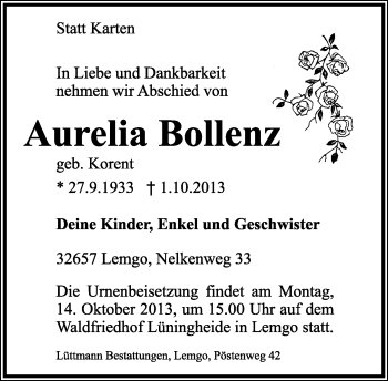 Anzeige  Aurelia Bollenz  Lippische Landes-Zeitung