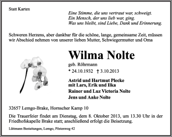 Anzeige  Wilma Nolte  Lippische Landes-Zeitung