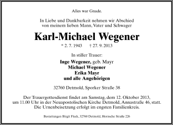 Anzeige  Karl-Michael Wegener  Lippische Landes-Zeitung