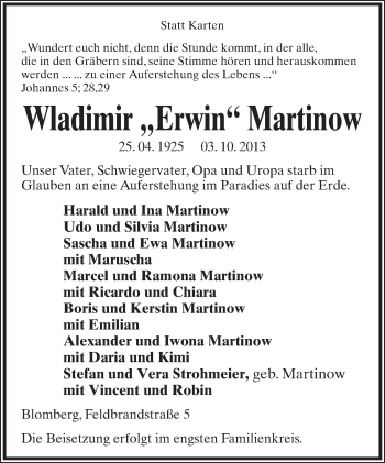 Anzeige  Wladimir Erwin Martinow  Lippische Landes-Zeitung