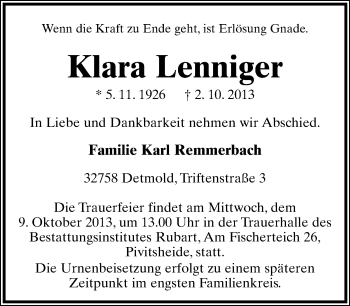 Anzeige  Klara Lenniger  Lippische Landes-Zeitung