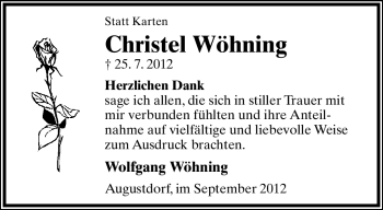 Anzeige  Christel Wöhning  Lippische Landes-Zeitung