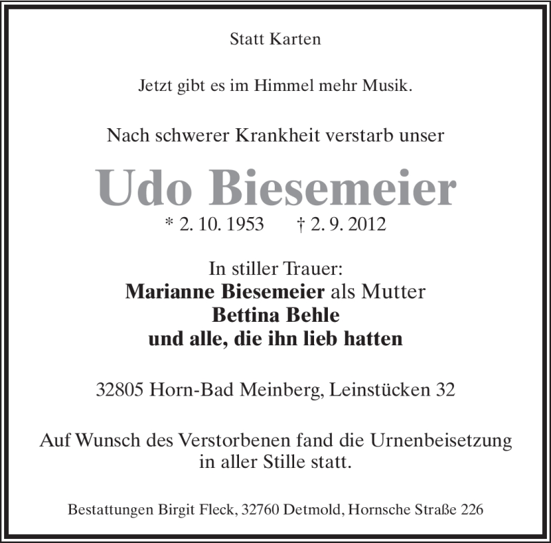  Traueranzeige für Udo Biesemeier vom 08.09.2012 aus Lippische Landes-Zeitung