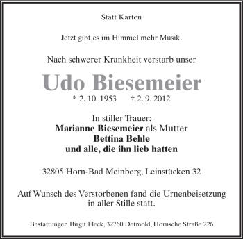 Anzeige  Udo Biesemeier  Lippische Landes-Zeitung
