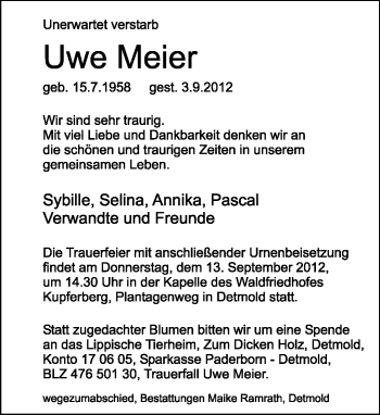 Anzeige  Uwe Meier  Lippische Landes-Zeitung