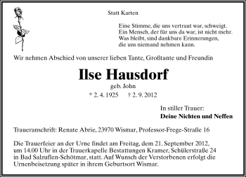 Anzeige  Ilse Hausdorf  Lippische Landes-Zeitung
