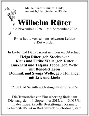 Anzeige  Wilhelm Rüter  Lippische Landes-Zeitung