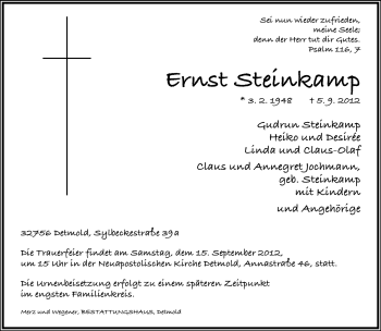 Anzeige  Ernst Steinkamp  Lippische Landes-Zeitung