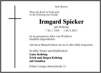 Anzeige  Irmgard Spieker  Lippische Landes-Zeitung