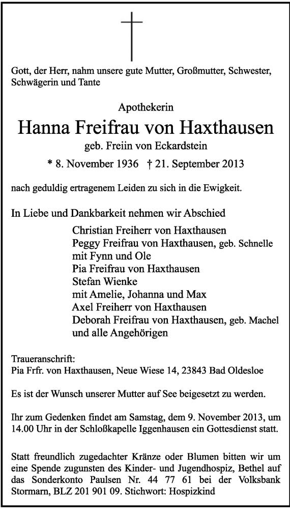  Traueranzeige für Hanna Freifrau von Haxthausen vom 26.10.2013 aus Lippische Landes-Zeitung