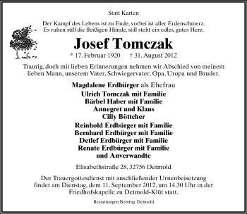 Anzeige  Josef Tomczak  Lippische Landes-Zeitung