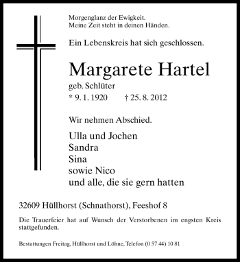 Anzeige  Margarete Hartl  Lippische Landes-Zeitung