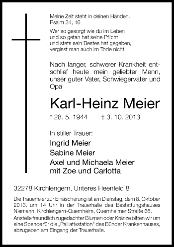 Anzeige  Karl-Heinz Meier  Lippische Landes-Zeitung