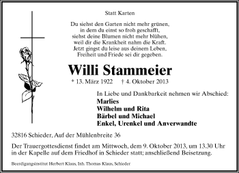 Anzeige  Willi Stammeier  Lippische Landes-Zeitung