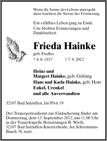 Anzeige  Frieda Hainke  Lippische Landes-Zeitung