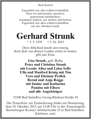 Anzeige  Gerhard Strunk  Lippische Landes-Zeitung