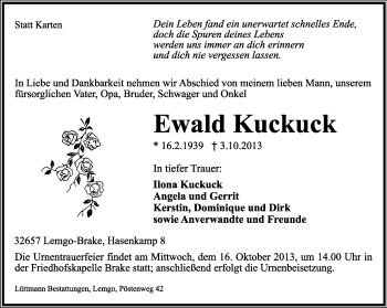 Anzeige  Ewald Kuckuck  Lippische Landes-Zeitung