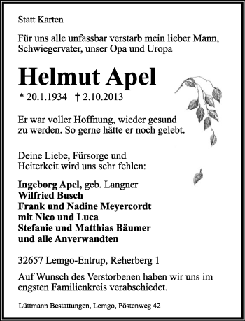 Anzeige  Helmut Apel  Lippische Landes-Zeitung
