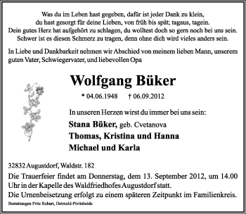 Anzeige  Wolfgang Büker  Lippische Landes-Zeitung