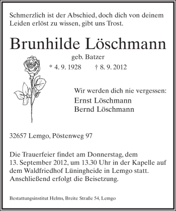 Anzeige  Brunhilde Löschmann  Lippische Landes-Zeitung