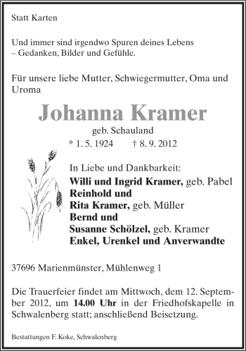 Anzeige  Johanna Kramer  Lippische Landes-Zeitung