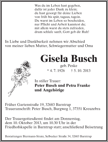 Anzeige  Gisela Busch  Lippische Landes-Zeitung